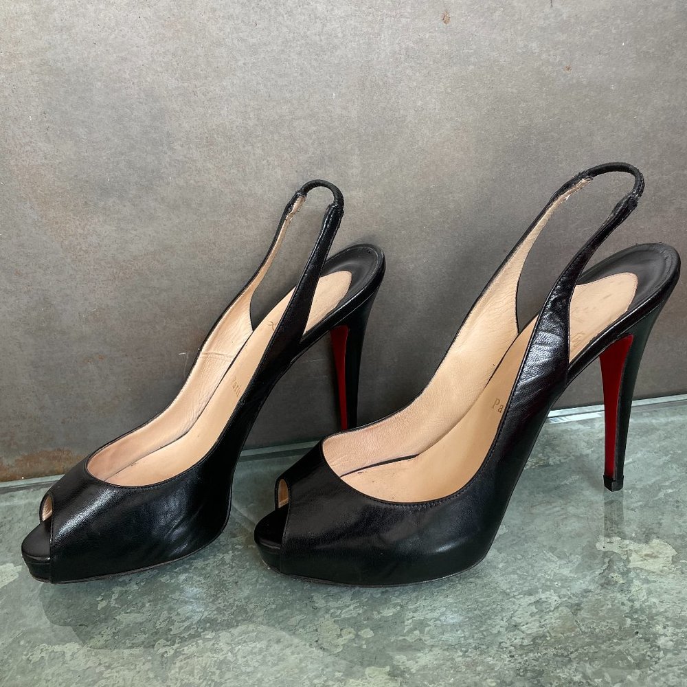 Christian Louboutin Black Leather Peep Toe Sling Heels